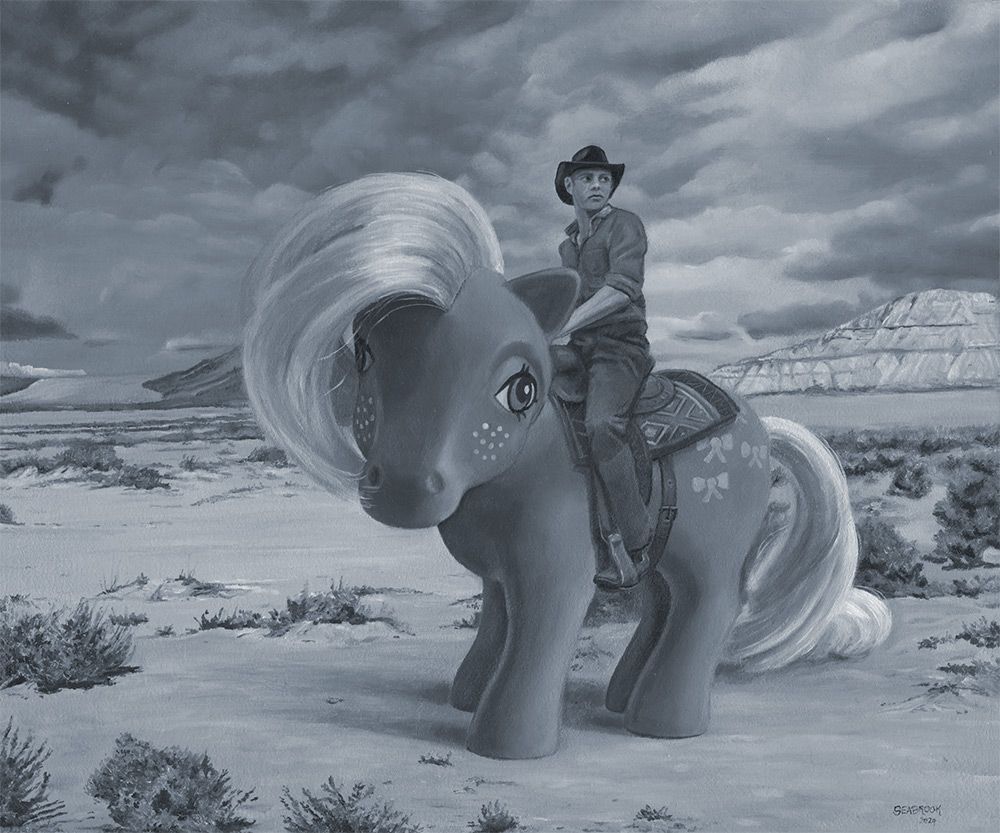 A monochrome oil painting of a western desert landscape featuring a cowboy riding an oversized My Little Pony.