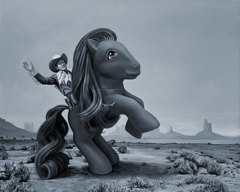 A black and white painting of a western landscape featuring a cowboy riding a rearing horse. The horse is a My Little Pony.