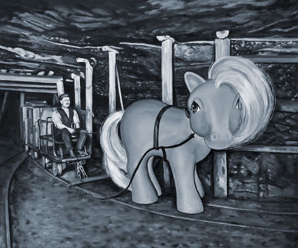 A small monochrome oil painting of a cart track in an underground mine. The cart is being pulled by a My Little Pony. 