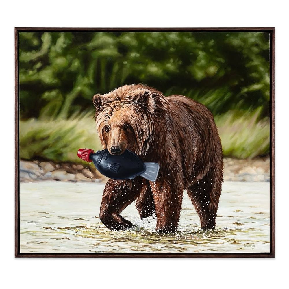 An oil painting of a bear in a river but instead of salmon, the bear has caught an oversized fish-shaped container of soy sauce. 