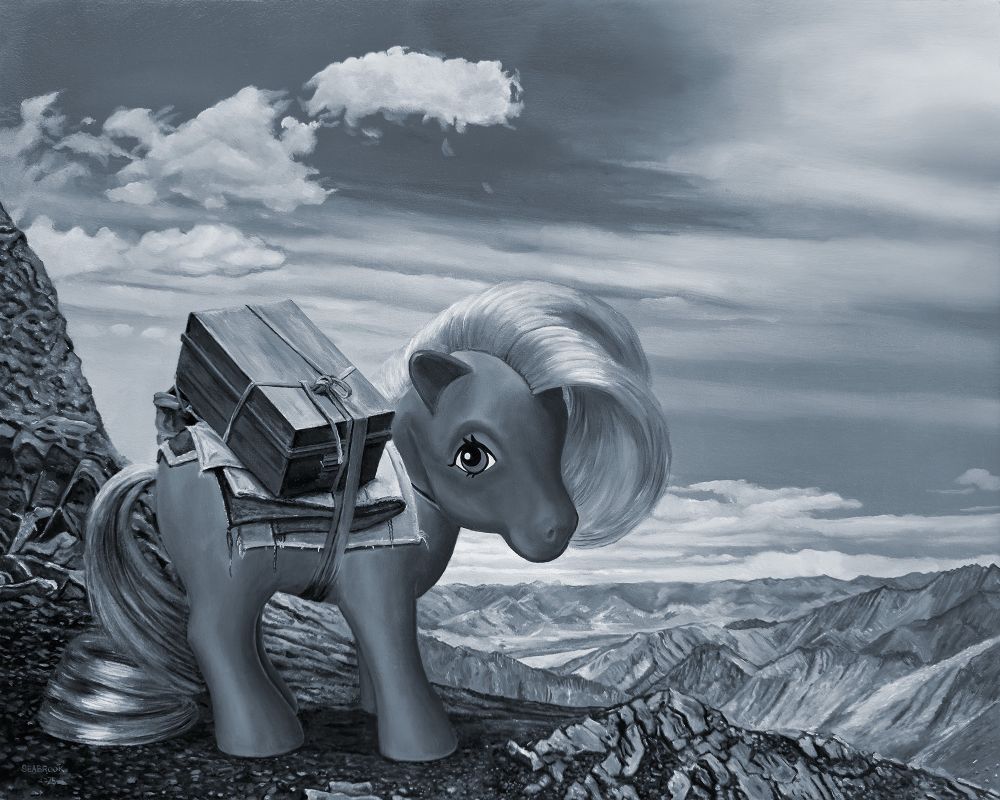 A monochrome oil painting of a pack pony, laden with supplies, cresting a mountainous pass. The pony is a My Little Pony.
