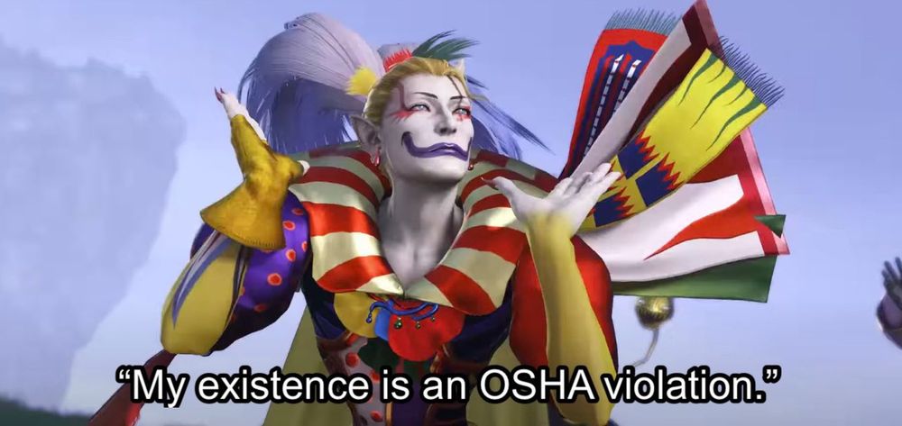 A meme of the clown from FF6 with the caption “my existence is an OSHA violation.”
