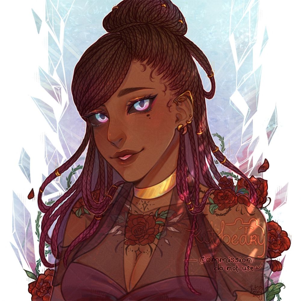 Anime-style portrait of the client's Dungeons and Dragon shapeshifter character, Myria, who appears as a dark-skinned woman with a curious expression on her face. She has long braids styled into side bangs and a half-updo bun, black sclera, and vibrant blue and purple eyes. There's a neo traditional-styled tattoo of roses, thorns, and glass shards sprawling across her chest and onto her shoulders where the roses then lift off and turn into more realistic roses to frame her. The background is made up of shattered pieces of glass. Commission for loquaciousloris (bluesky).
