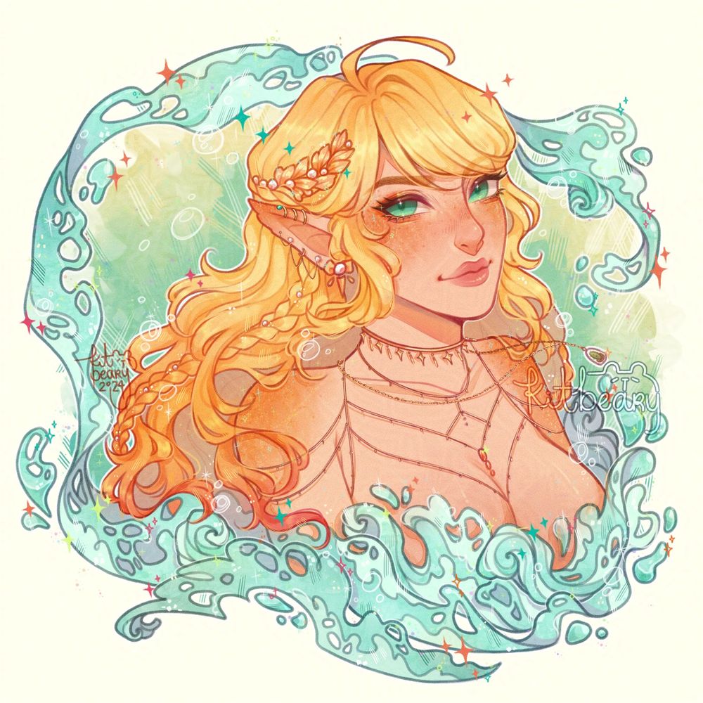 Anime-style portrait of my siren character Sophia smiling with a soft, friendly expression. She has teal eyes and wavy blond hair with an orange/pink balayage.

She has long elf-like ears with several earrings. She has a golden laurel with pearls in her hair and appears nude except for a body chain and several necklaces as water splashes around her. There are bubbles and colorful sparkles floating around her. One of her necklaces has a capsule pendant with a small cactus inside.