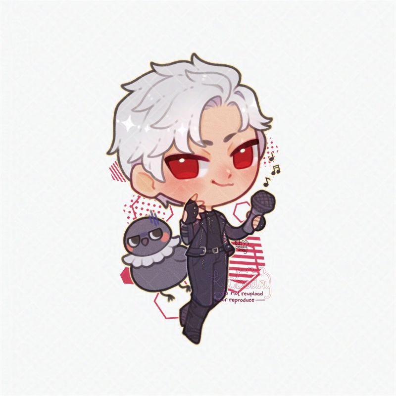 Chibi-style illustration of Sylus from the gacha game Love and Deepspace. He's smirking at the viewer and holding a karaoke microphone while Grumpy Crow looks displeased behind him.
Text reads: "Kitbeary. Do not reupload or reproduce."