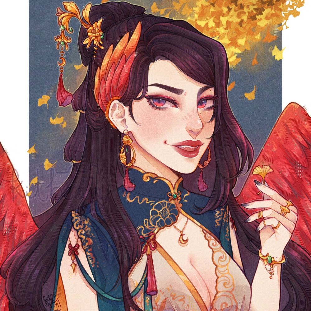 Anime-style portrait illustration of my character, Yueying, glancing at the viewer with a solemn expression. There are large red camellias and small white jasmine flowers blooming around her with a dark background and blue lighting. She has glowing red/orange eyes, vibrant red and orange feathers on the sides of her head, and long black hair styled into a half up-do with an intricate gold hair stick.