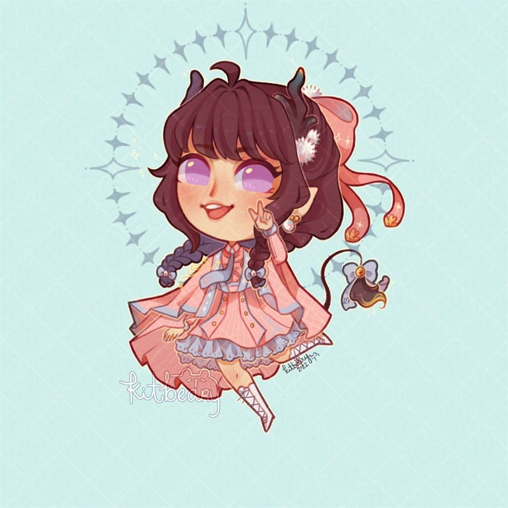 Chibi-style digital drawing of my qilin character, Lian, making a peace sign and smiling. She has black hair braided into pigtails, deer-like antlers, a long tail, and pointed ears. She's wearing a pink lolita-style outfit with pompoms and bows in her hair.