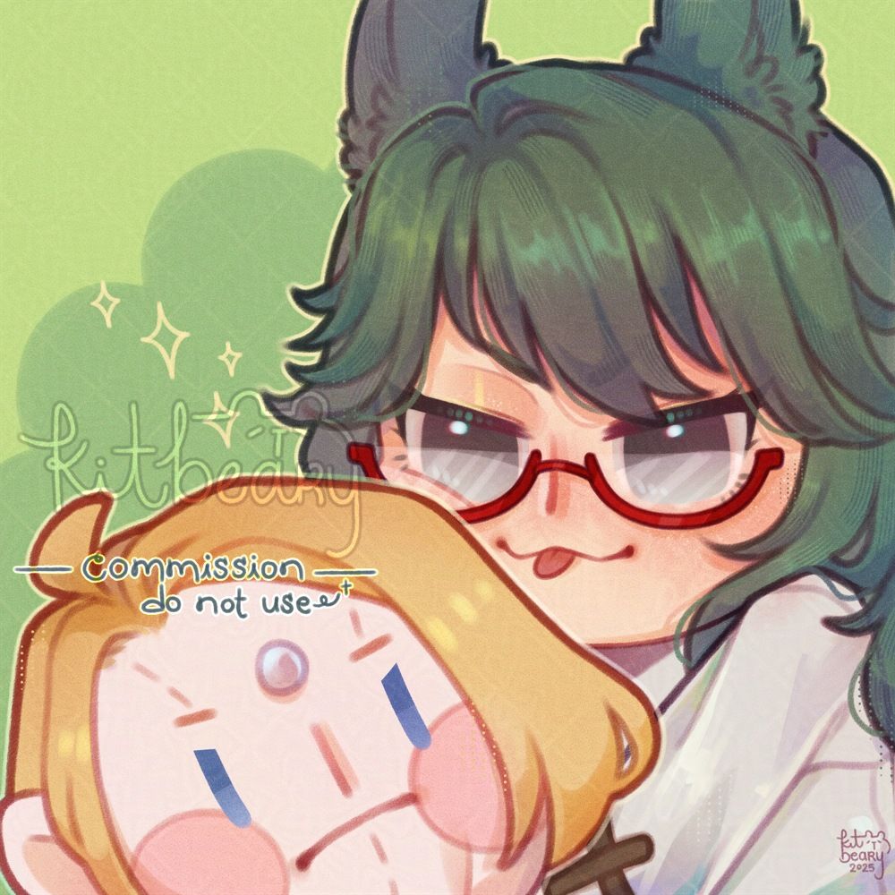 Chibi-style icon done on my "Your Character Here" base of a green-haired Viera hugging a plush modeled after Zenos Galvus from Final Fantasy 14. Commission for blastiaheart (vgen) / azs-soulmate (bsky).