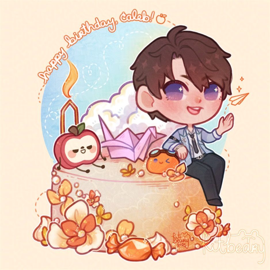 Chibi-style illustration of Caleb from Love and Deepspace wearing his 2025 birthday outfit and sitting on a cake. The cake is decorated with clouds, pilot blobbu, sunny apple, flowers, candies, a paper crane, and a lit candle. The words 