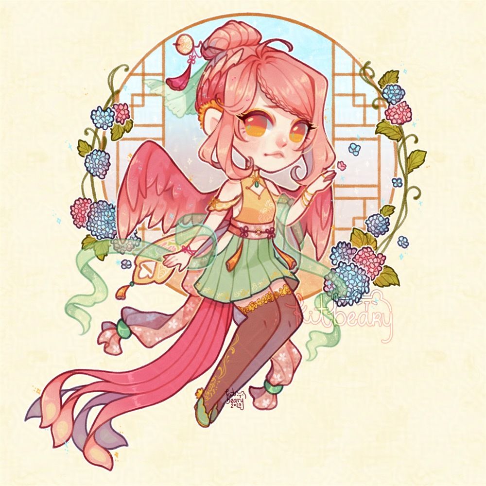 Chibi-style illustration of my phoenix character, Meiren sitting in front of a Chinese-style window showing the sunrise and blue and pink hydrangeas. She has pink hair with matching wings and long tail feathers and her expression is a little sad and concerned.