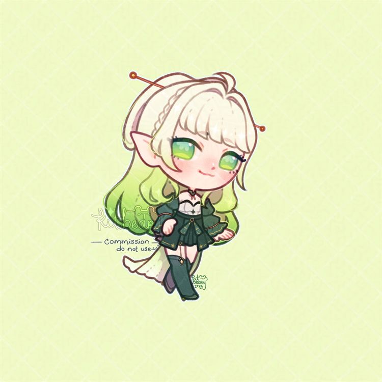 Chibi done on my "Your Character Here" base of a girl strutting with one hand on her hip. She has elf ears, light green eyes, platinum hair with green ends, and is wearing a white and dark green outfit. Commission for pyxiscore (bluesky).