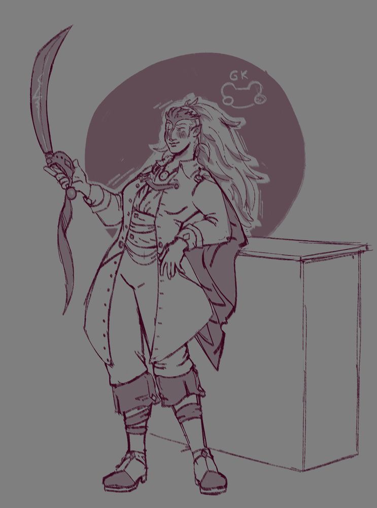 Drawing of a woman looking person, standing against a counter, witha smug look. She's holding on her right hand a sword. 