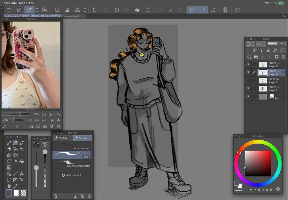 Screenshot of clip studio paint with a drawing of Tobie, the artists oc, wearing a sweater and a long skirt.
