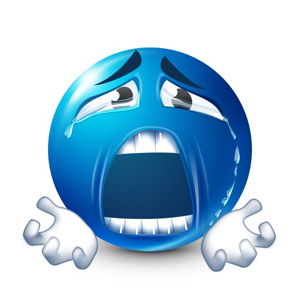 blue face man with mouth open, crying with white hands 