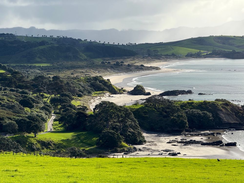 Green fields overlooking a beautiful beach with partly cloudy sky and sunbeams 
