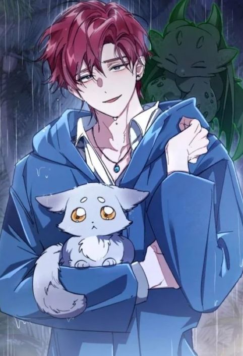 The Lout looking wet and pathetic in the rain holding one of his pet cats