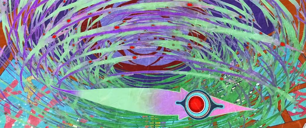 A screenshot from the movie Mononoke Hinezumi, of an infestation of Hinezumi circling in the air in the center of the room like a school of fish