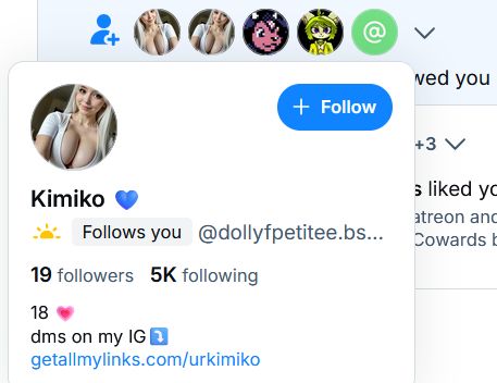 Screenshot from Bluesky showing user 'Kimiko 💙' followed me. Obvious pornbot including 19 followers vs 5k following, suspicious link, etc. Except THIS one has a horizontally flipped avatar and a heart instead of a sparkle. 