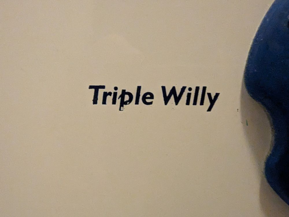 Aufdruck Triple Willy auf einem Toilettenpapierspender.