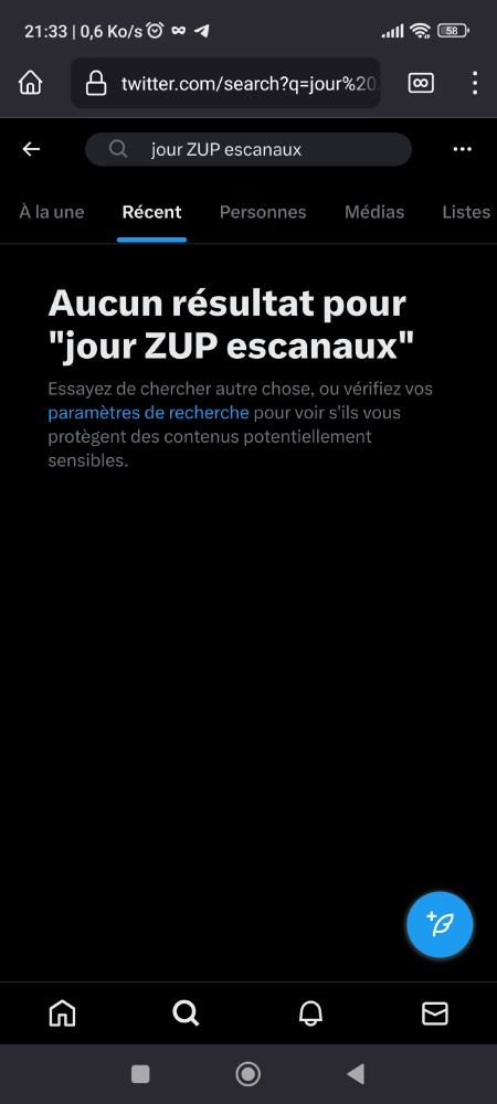 Résultat vide de la recherche sur twitter de "jour ZUP escanaux"