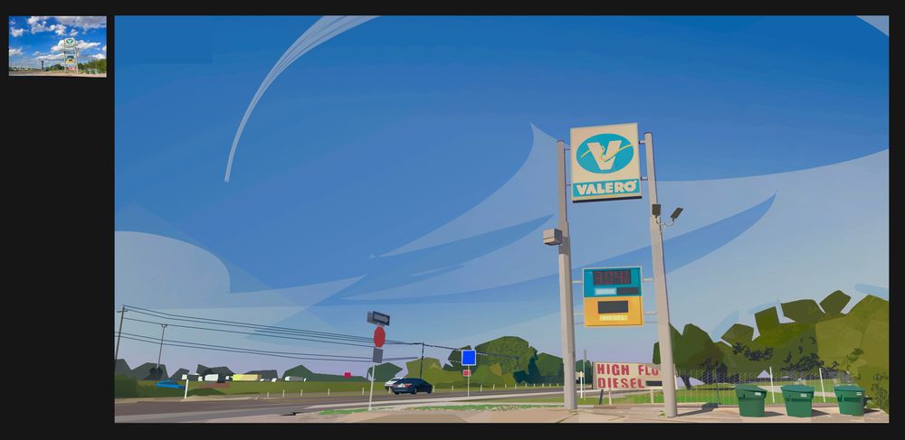 A digital painting of an interstate viewed from a Valero gas station in rural Texas, a quiet highway stretches against the farmland in the distance. 