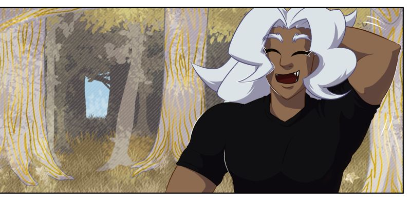 Panel from "It's Not the End of the World" featuring Azyzel, who's standing in front of a forested area.
