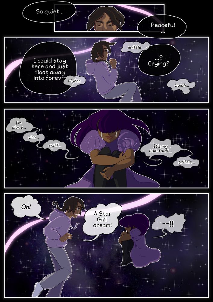 Page from "It's Not the End of the World" featuring Micah floating through space when she encounters 'Star Girl', who's curled up crying.