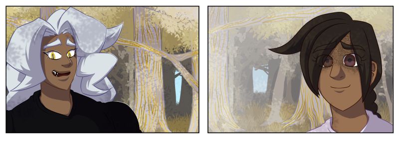 Two panels from "It's Not the End of the World" featuring one of Azyzel, and one of Micah.