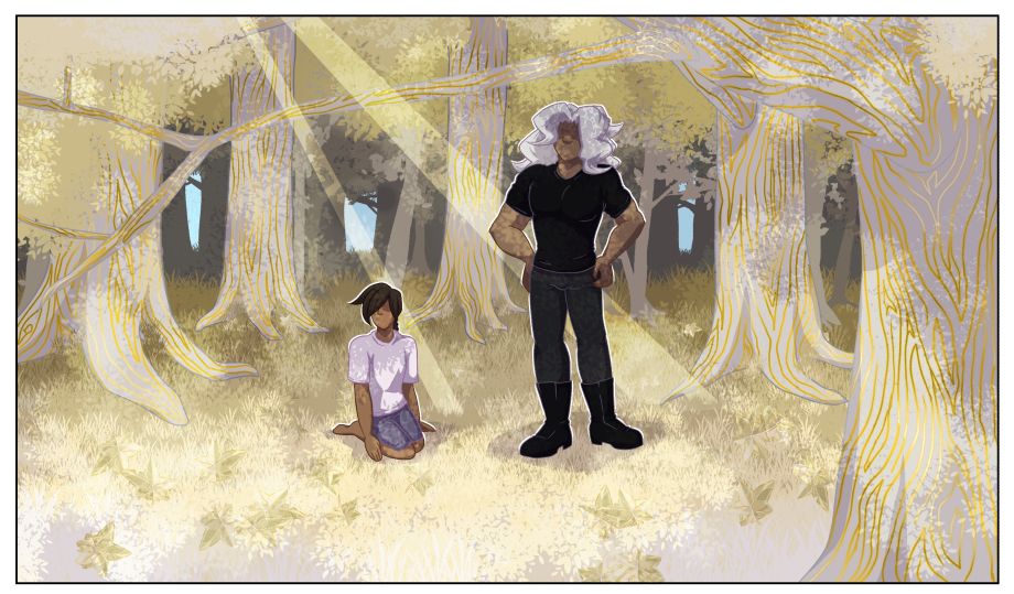 Paanel from "It's Not the End of the World" where Micah finds herself dragged along to the Gilded Forest with Azyzel, a forest filled with golden-leaved trees and bark that shines.