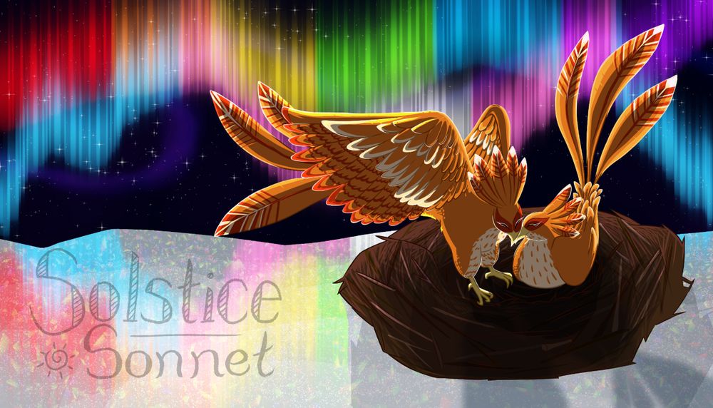 Banner-sized illustration of two phoenixes in a nest along an icy plain, above them, Northern Lights in the Pride Flag colours and another in the Trans Flag colours.