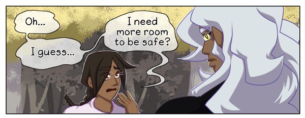 A panel from "It's Not the End of the World" featuring Micah and Azyzel, Micah says, "Oh... I guess... I need more room to be safe?" while Azyzel looks off to the side.