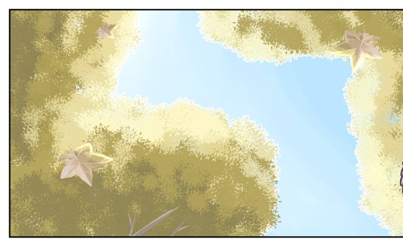 Panel from "It's Not the End of the World" featuring a shot of the sky through the leaves of the Gilded Forest.