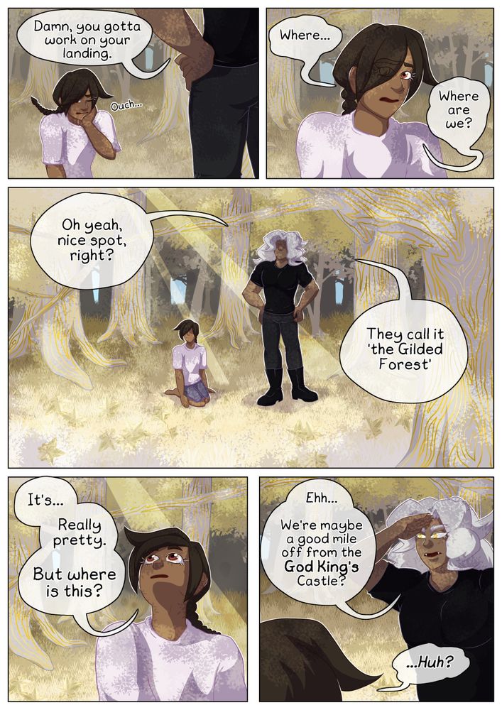 Page from "It's Not the End of the World" where Micah finds herself dragged along to the Gilded Forest, a forest filled with golden-leaved trees and bark that shines.