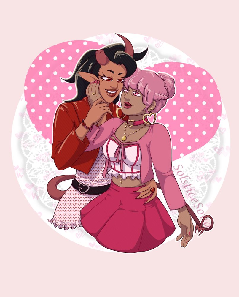 Illustration of two women, Vi and Amora, a demon and a goddess respectively, wearing pink and red Valentine's Day themed outfits.