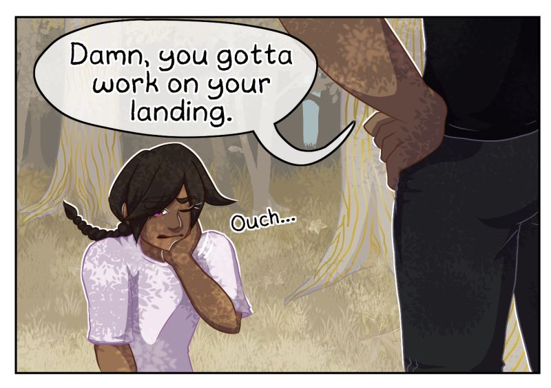 Panel from 'It's Not the End of the World' featuring Micah and Azyzel. Azyzel says 'Damn, you gotta work on your landing' as Micah sits up, mumbling 'Ouch...'
