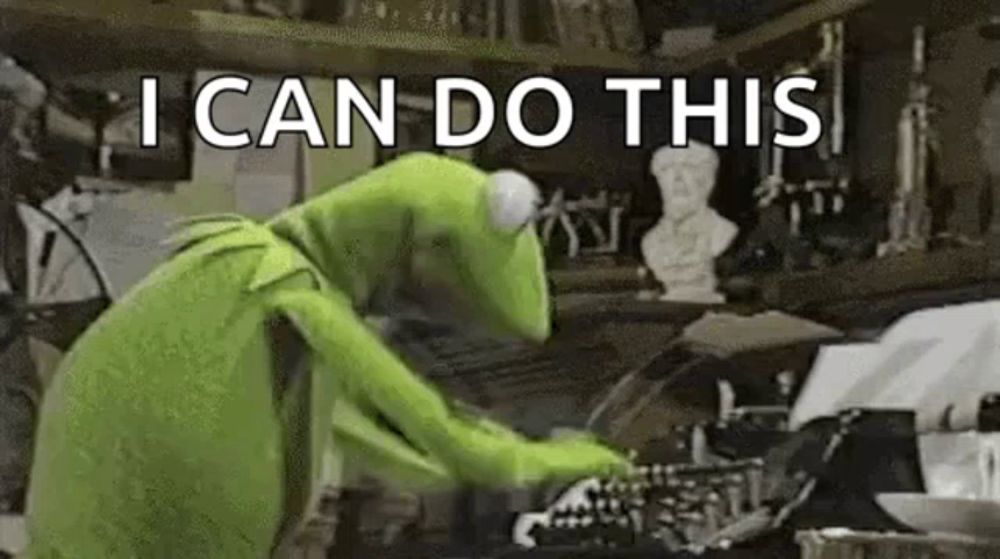 kermit the frog is typing on a typewriter in a room while saying `` i can do this '' .