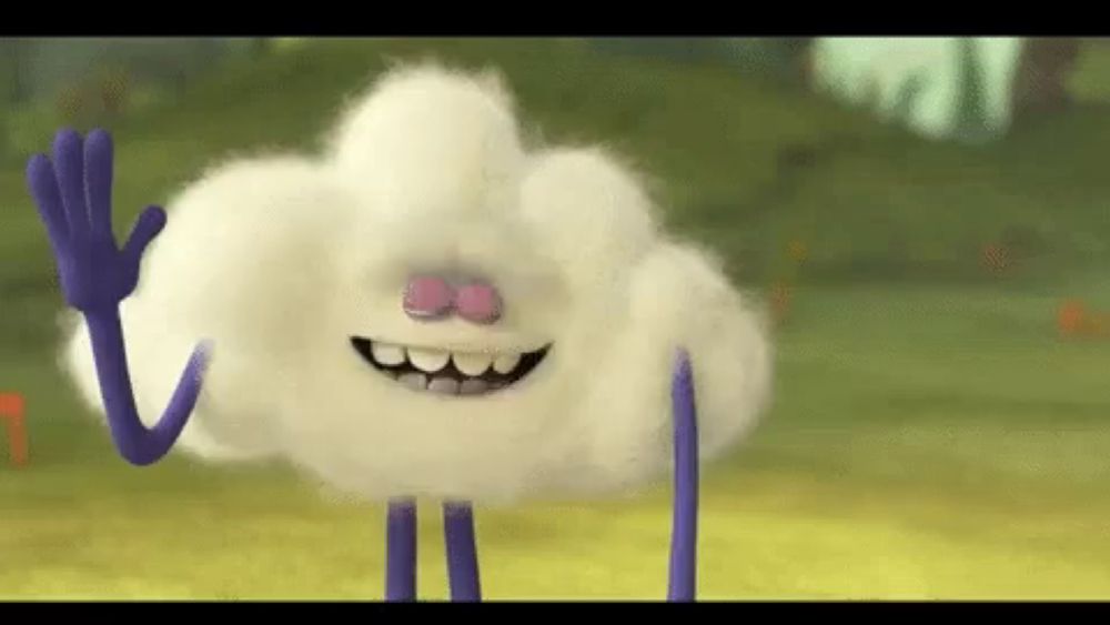 a white cloud with purple arms and legs is smiling and waving