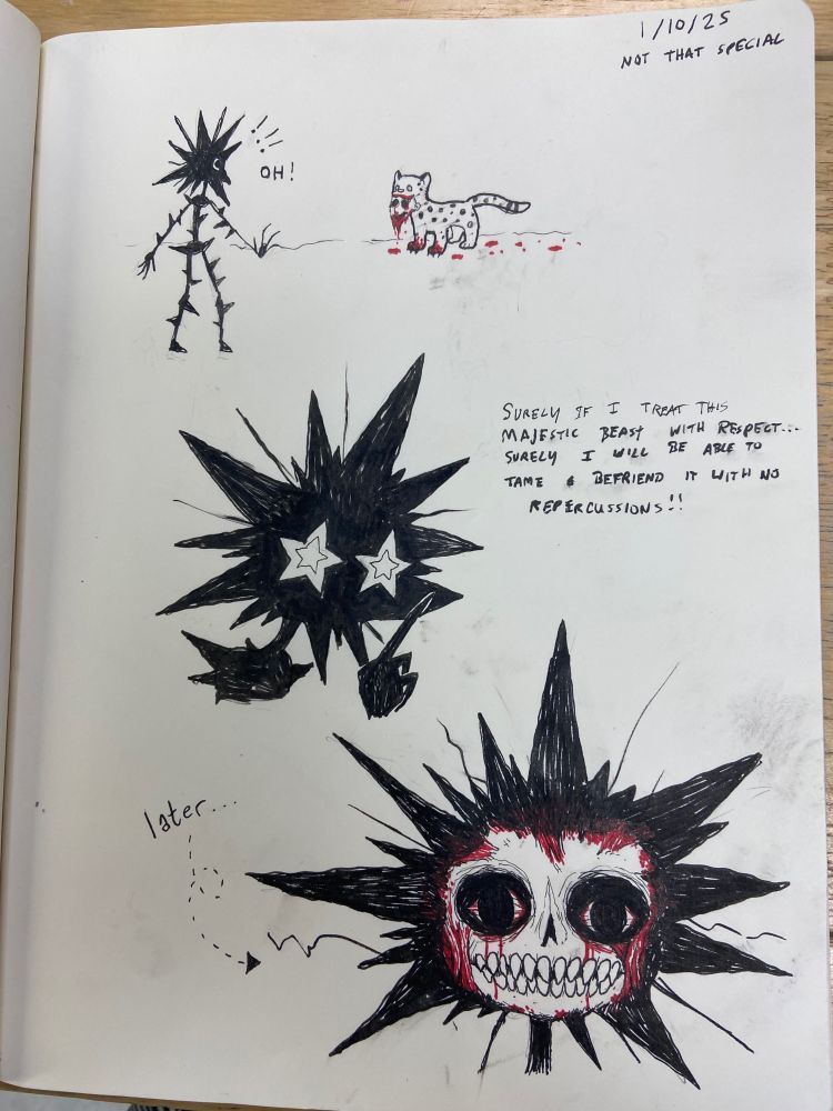 Urchin Person sees a leopard in the distance that has a person's face in its mouth. Struck by its beauty, they proclaim that surely if they treat this beast with respect, they can avoid the same fate. Later, we see Urchin Person has no face -- only a bloody, grinning skull. 