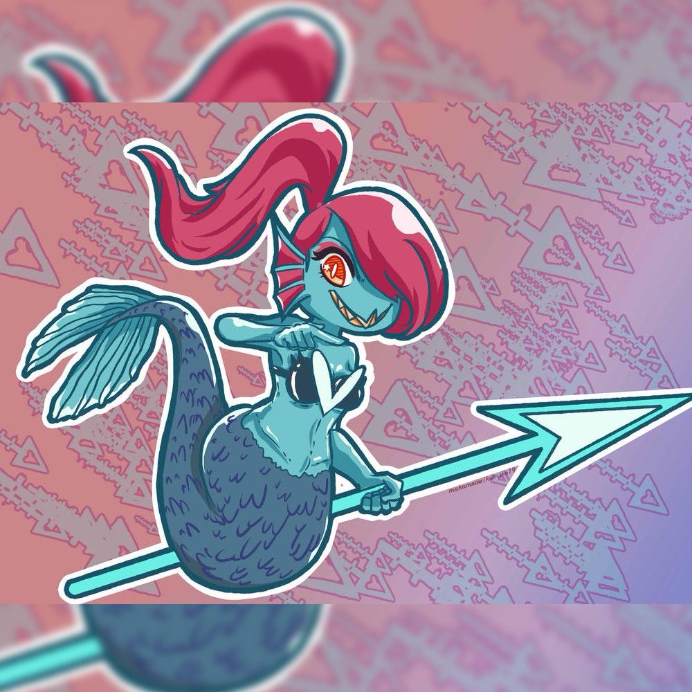 2015 fanart of Undertale fanart of Undyne as a mermaid holding her spear with a simple spear background, cell shaded art sttle with thick line art and bright saturated color