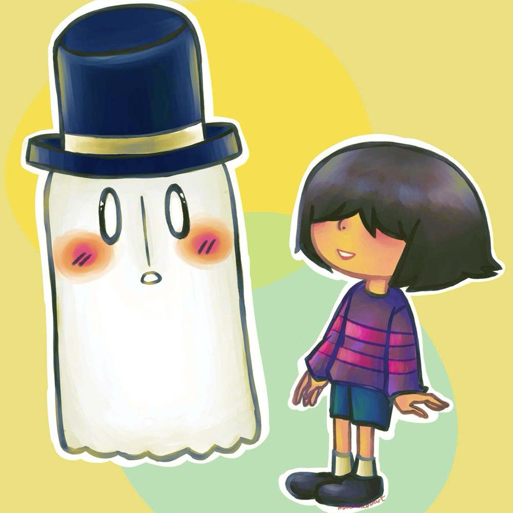 2015 fanart of Undertale fanart of frisk smiling and napstablook cute art with rendering and texture painting style art