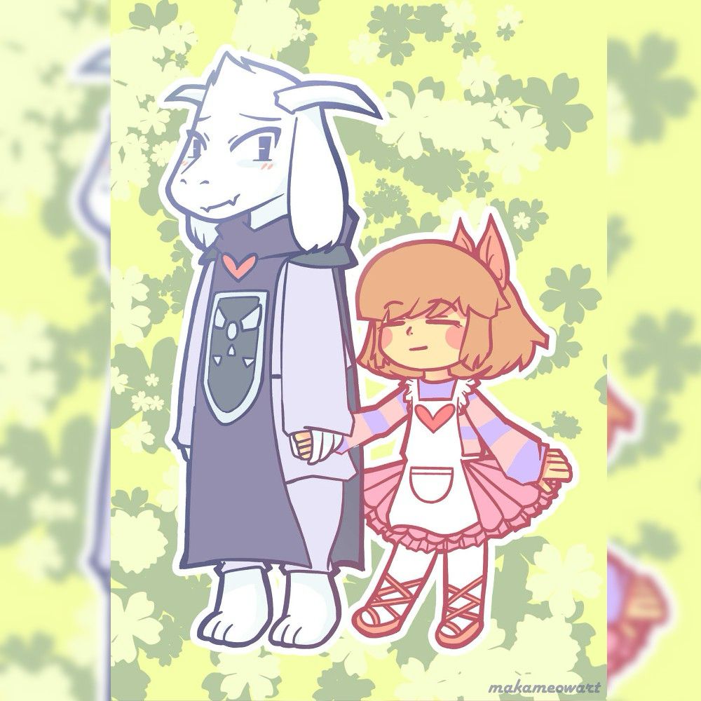 2015 fanart of Undertale fanart of frisk smiling  wearing used apron, old ribbon, old tutu, and ballet shoes looking like a magical girl and older asriel wearing similar clothes to toriel and holding each others hand on top of the golden flowers pastel flat colors with no shading and no lighting cute art