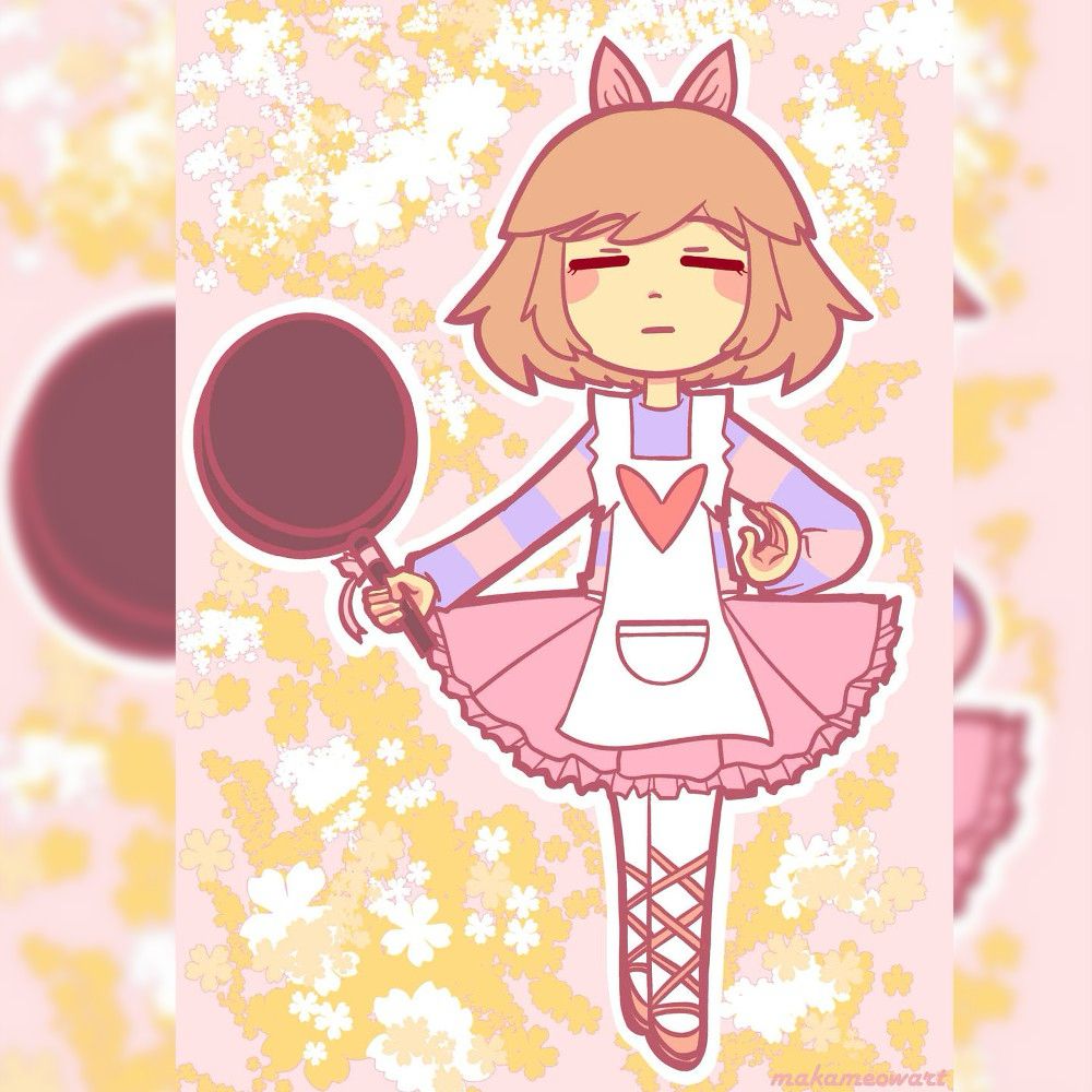 2015 fanart of Undertale fanart of frisk smiling  wearing used apron, old ribbon, old tutu, and ballet shoes looking like a magical girl on top of the golden flowers pastel flat colors with no shading and no lighting cute art