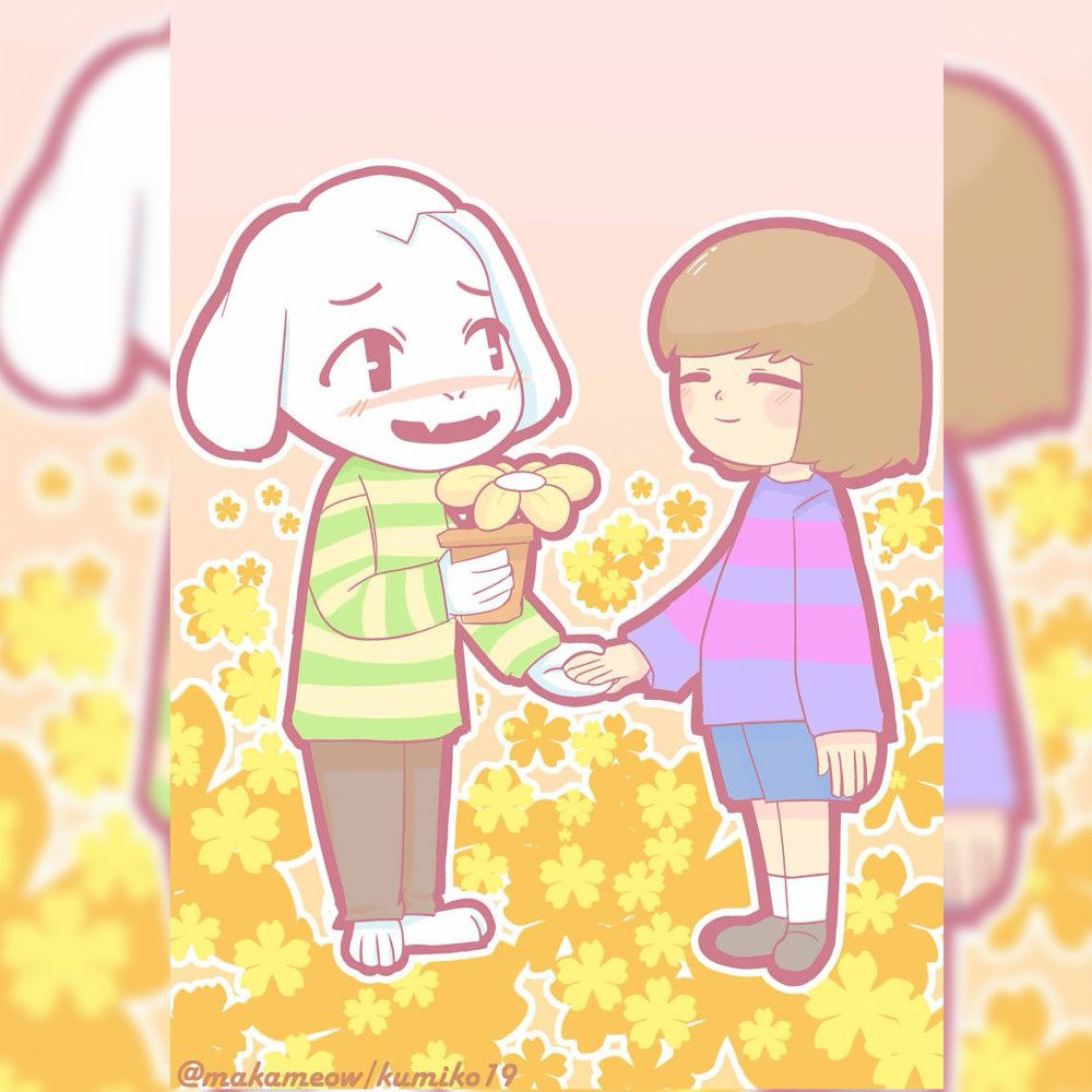 2015 fanart of Undertale fanart of frisk smiling and asriel holding a flower and holding each others hand on top of the golden flowers pastel flat colors with no shading and no lighting cute art
