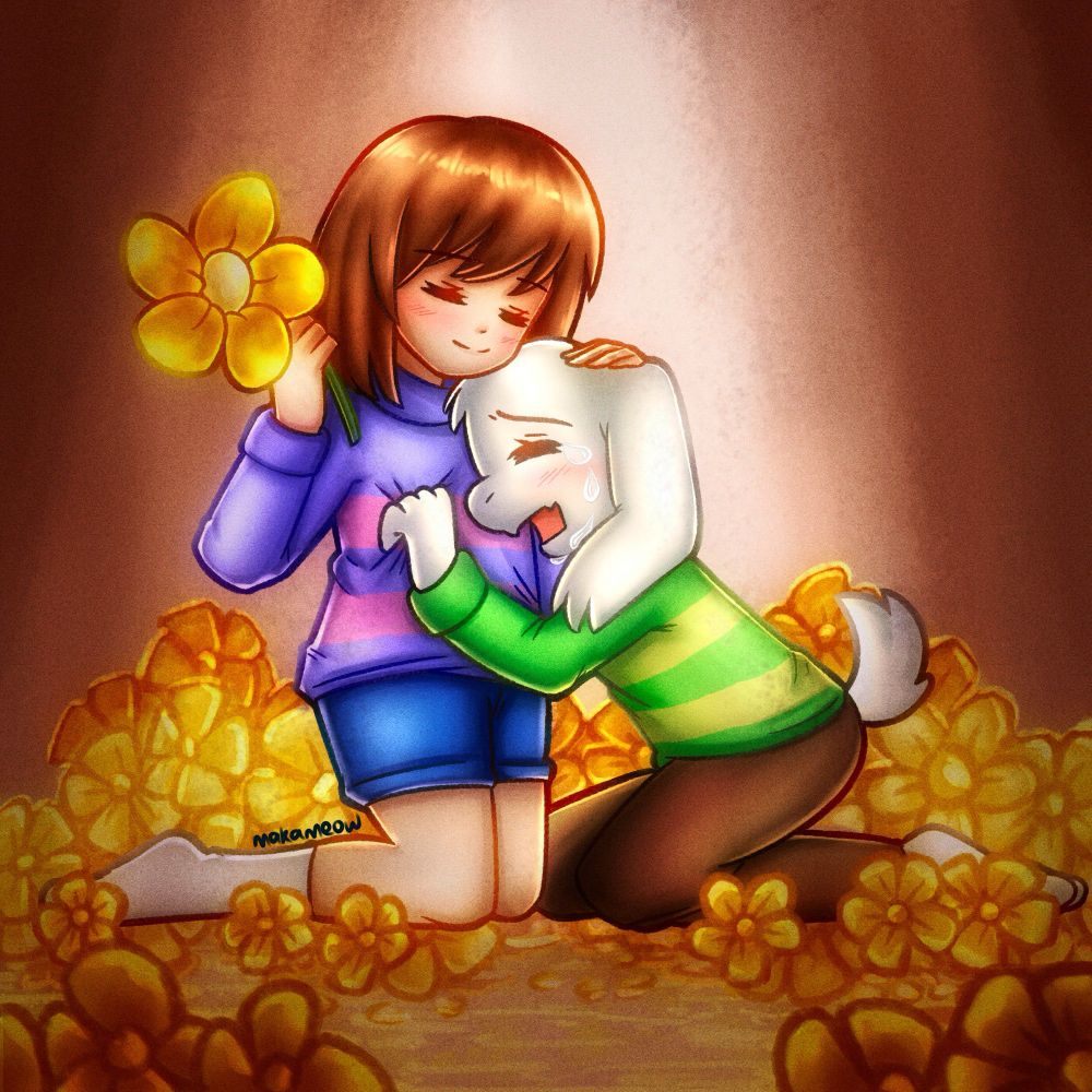 Undertale 2025 fanart of frisk smiling holding a golden flower on their hand and asriel crying while hugging each other knees down in the dark cave with a dramatic light shining on top of the golden flowers