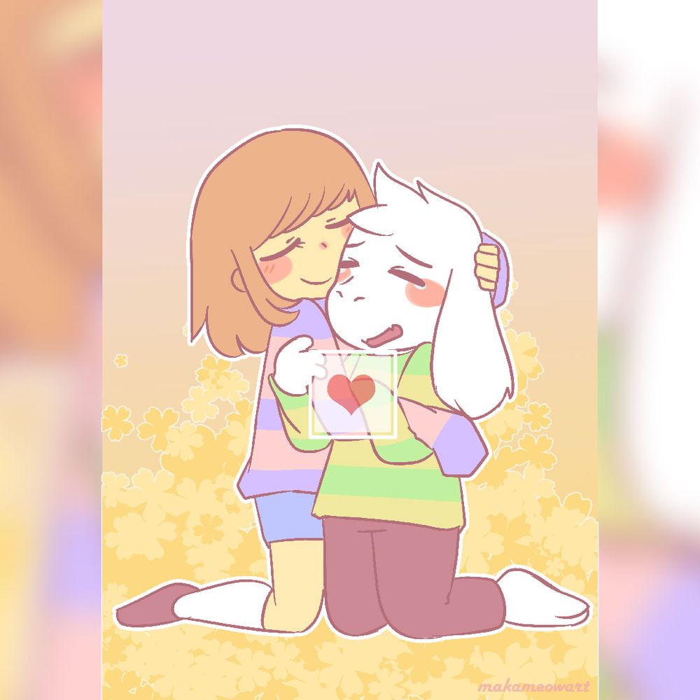 2015 fanart of Undertale fanart of frisk smiling and asriel crying while hugging each other knees down on top of the golden flowers pastel flat colors with no shading and no lighting cute art