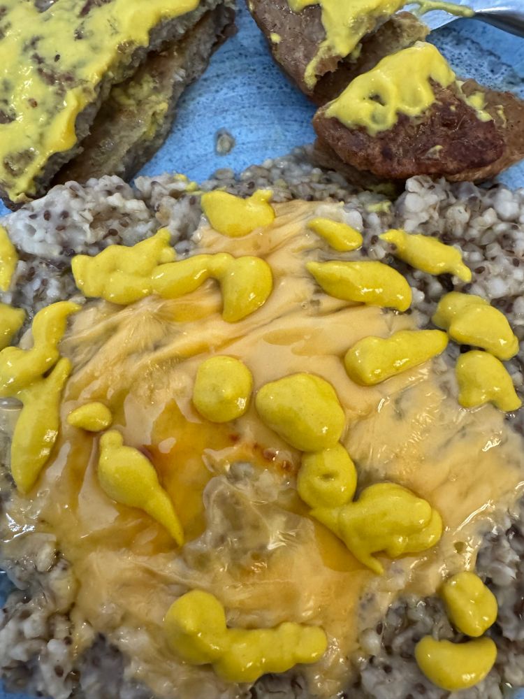 Mustard and cheese oatmeal.