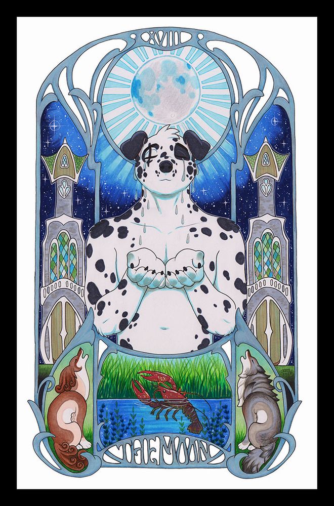 A piece of art based on the tarot card "The Moon". Breve, a furry dalmatian, is in the center holding out his paws with 15 tears falling from his eyes, above him is the moon with 32 rays shining out, to his sides are two stone towers, and below him are a howling dog and wolf with a crawfish emerging from water.