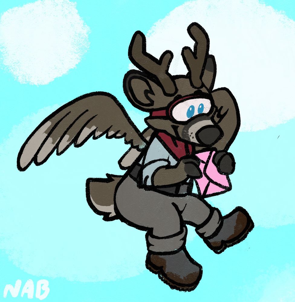 A cute deer with wings and goggles bringing someone a special letter