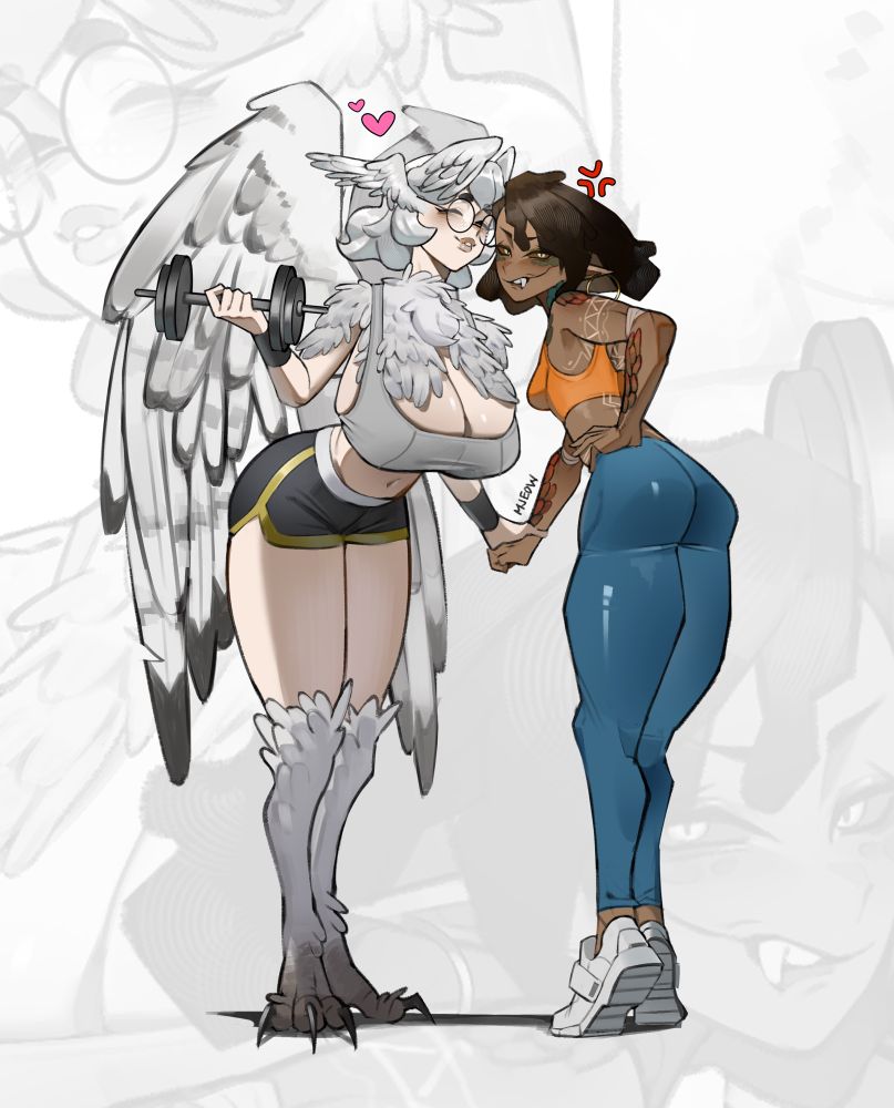 Strega, a snowy owl girl and Taaji a snake girl posed next to each other in workout clothing. Taaji is annoyed at their closeness but Strega is happy to be in her presence 