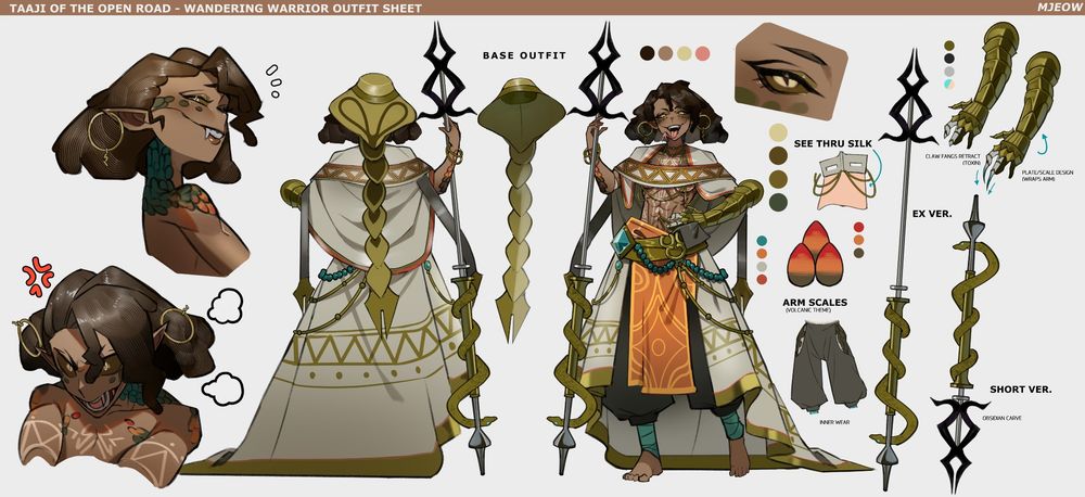 A character sheet for Taaji of the Open Road. She has medium length hair, and snake like features such as scales on her cheeks and neck, a larger mouth, longer tongue, and sharp fangs. She is dressed in an ornate snake-themed outfit and uses a spear that can extend or shorten. She also has a gauntlet that can inject venom from her index and middle finger. She has a number of tattoos across her body and a lot of golden jewelry. On the left side of the image she is shown with two faces, one smug one angry, on the right side of the image her equipment is detailed 